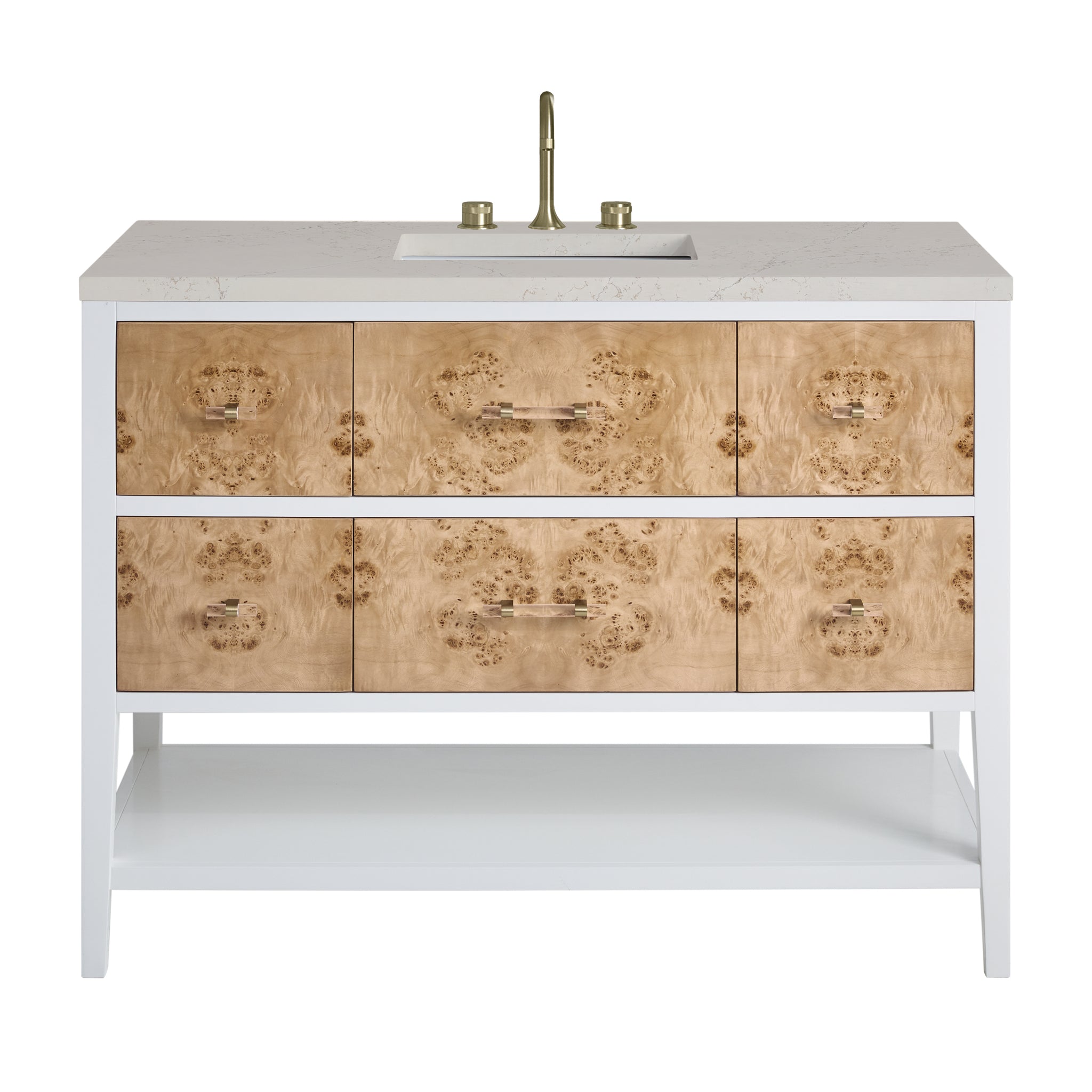 James Martin Olena 48" Single Bathroom Vanity, Polished White and Light Mappa Burl with Siberian countertop