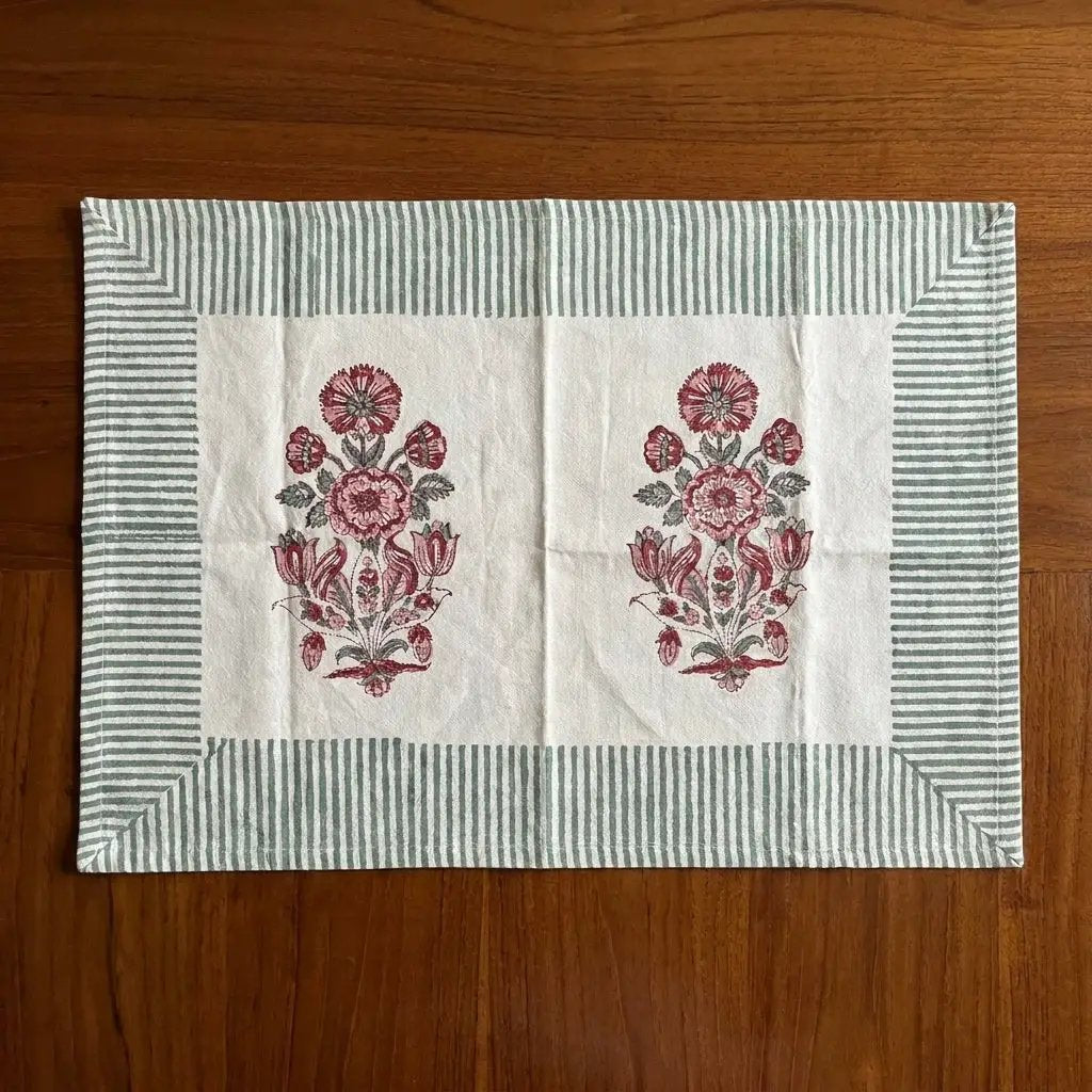 Burgundy & Charcoal Floral Bouquet Table Linen Set – 13 Piece | Hand Block Printed Cotton | Runner, Placemats & Napkins by House Of Avana