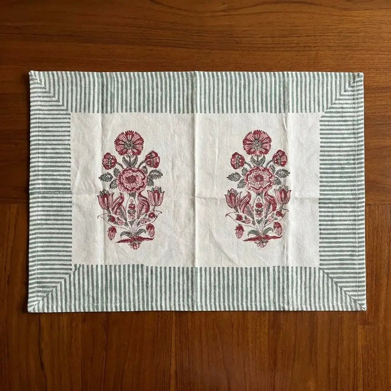 Burgundy & Charcoal Floral Bouquet Table Linen Set – 13 Piece | Hand Block Printed Cotton | Runner, Placemats & Napkins by House Of Avana