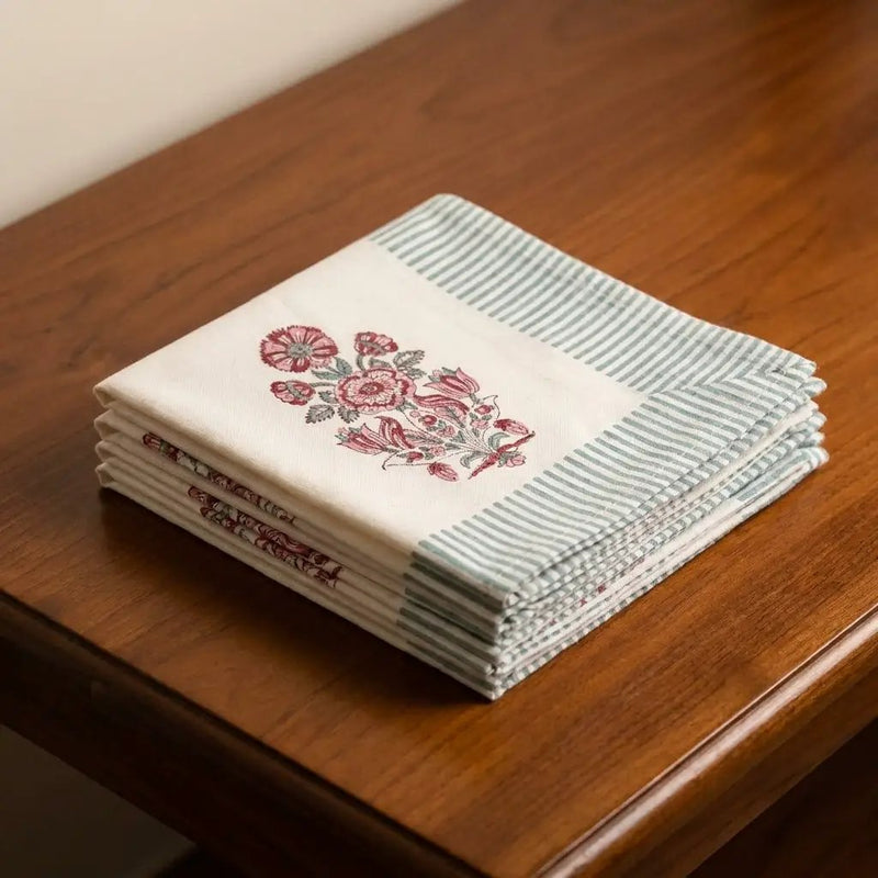 Burgundy & Charcoal Floral Bouquet Table Linen Set – 13 Piece | Hand Block Printed Cotton | Runner, Placemats & Napkins by House Of Avana