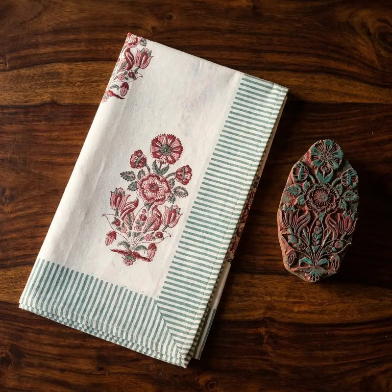 Burgundy & Charcoal Floral Bouquet Table Linen Set – 13 Piece | Hand Block Printed Cotton | Runner, Placemats & Napkins by House Of Avana