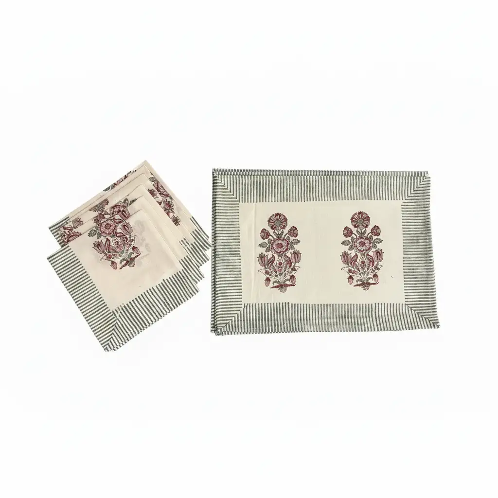 Burgundy & Charcoal Floral Bouquet Table Linen Set – 13 Piece | Hand Block Printed Cotton | Runner, Placemats & Napkins by House Of Avana