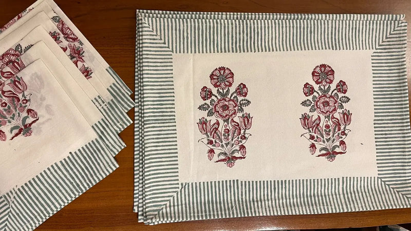 Burgundy & Charcoal Floral Bouquet Table Linen Set – 13 Piece | Hand Block Printed Cotton | Runner, Placemats & Napkins by House Of Avana