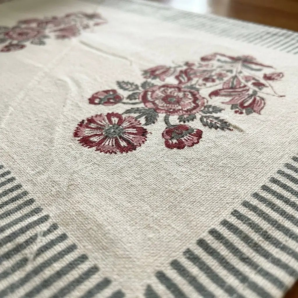 Burgundy & Charcoal Floral Bouquet Table Linen Set – 13 Piece | Hand Block Printed Cotton | Runner, Placemats & Napkins by House Of Avana