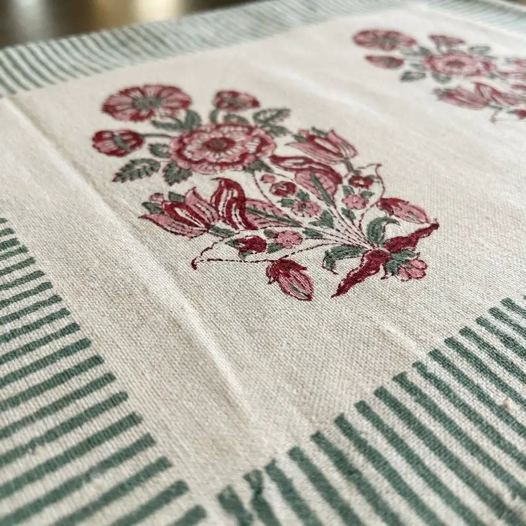 Burgundy & Charcoal Floral Bouquet Table Linen Set – 13 Piece | Hand Block Printed Cotton | Runner, Placemats & Napkins by House Of Avana