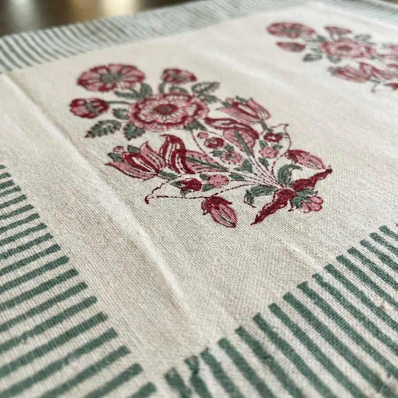 Burgundy & Charcoal Floral Bouquet Table Linen Set – 13 Piece | Hand Block Printed Cotton | Runner, Placemats & Napkins by House Of Avana