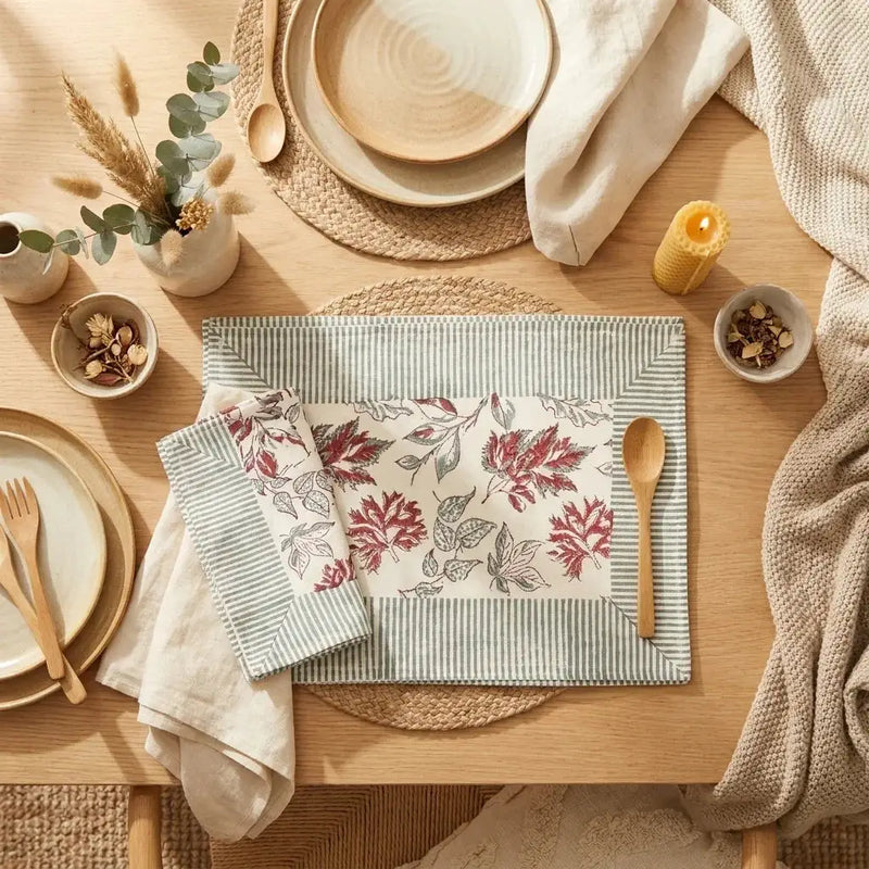 Burgundy & Slate Blue Autumn Leaf Table Linen Set – 13 Piece | Hand Block Printed Cotton | Runner, Placemats & Napkins by House Of Avana