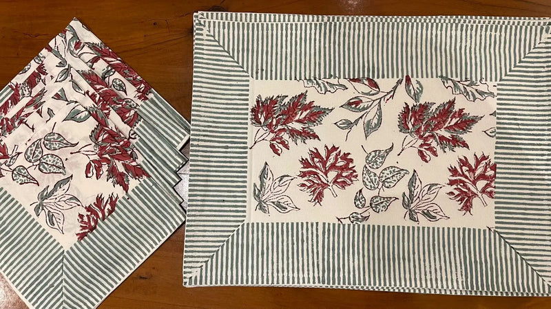 Burgundy & Slate Blue Autumn Leaf Table Linen Set – 13 Piece | Hand Block Printed Cotton | Runner, Placemats & Napkins by House Of Avana