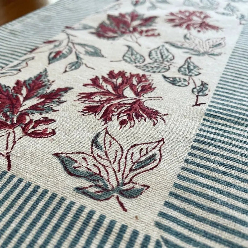 Burgundy & Slate Blue Autumn Leaf Table Linen Set – 13 Piece | Hand Block Printed Cotton | Runner, Placemats & Napkins by House Of Avana