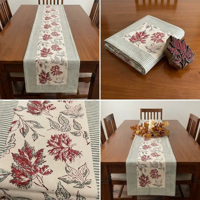 Burgundy & Slate Blue Autumn Leaf Table Linen Set – 13 Piece | Hand Block Printed Cotton | Runner, Placemats & Napkins by House Of Avana