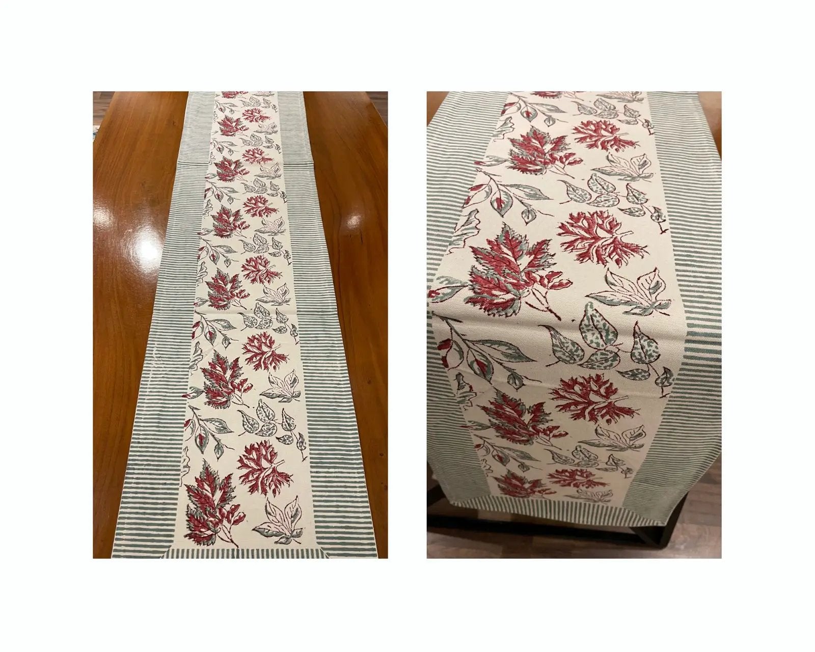 Burgundy & Slate Blue Autumn Leaf Table Linen Set – 13 Piece | Hand Block Printed Cotton | Runner, Placemats & Napkins by House Of Avana