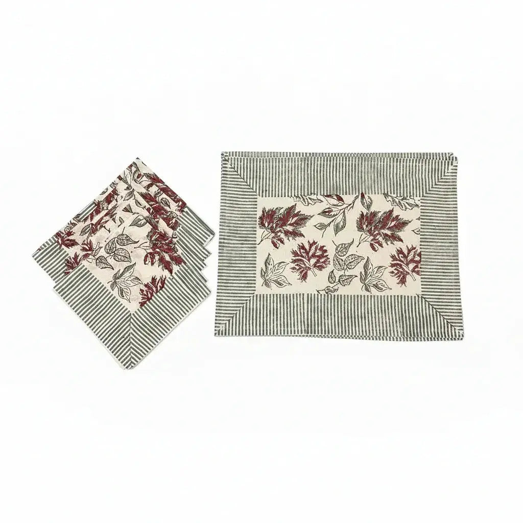 Burgundy & Slate Blue Autumn Leaf Table Linen Set – 13 Piece | Hand Block Printed Cotton | Runner, Placemats & Napkins by House Of Avana