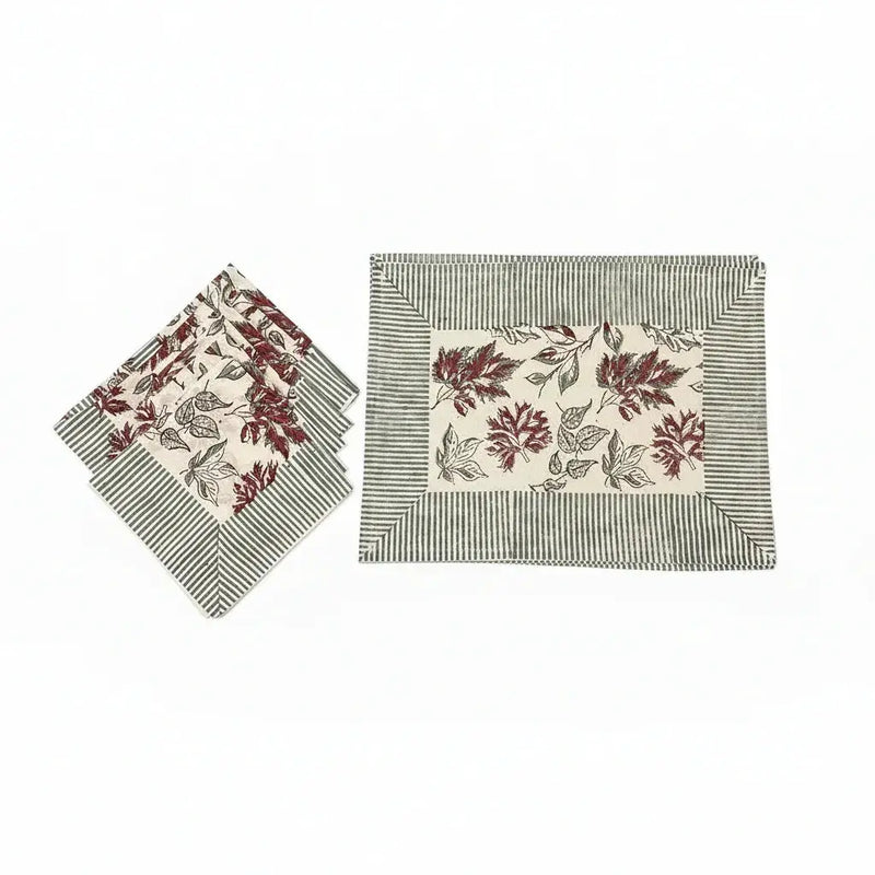 Burgundy & Slate Blue Autumn Leaf Table Linen Set – 13 Piece | Hand Block Printed Cotton | Runner, Placemats & Napkins by House Of Avana