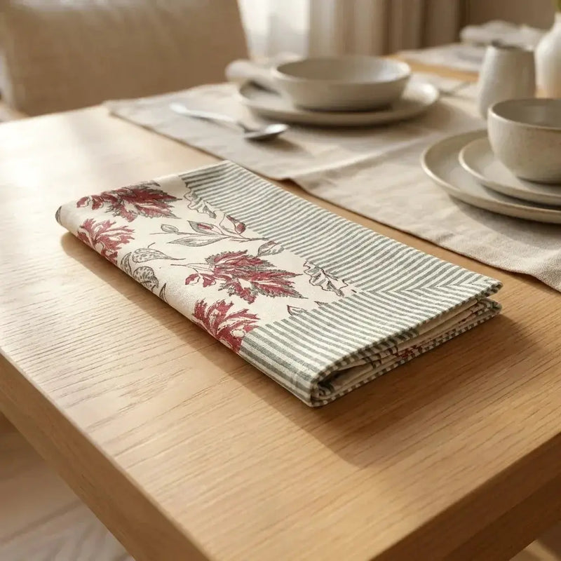 Burgundy & Slate Blue Autumn Leaf Table Linen Set – 13 Piece | Hand Block Printed Cotton | Runner, Placemats & Napkins by House Of Avana