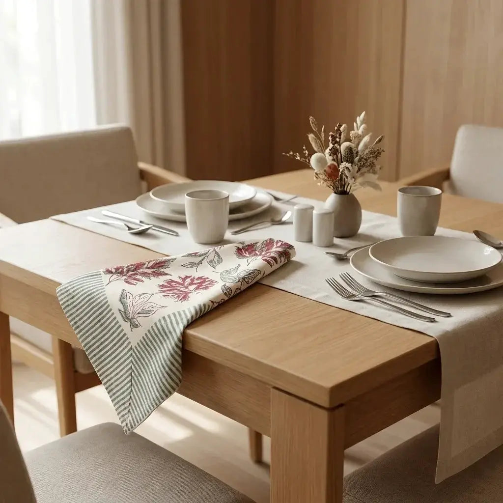Burgundy & Slate Blue Autumn Leaf Table Linen Set – 13 Piece | Hand Block Printed Cotton | Runner, Placemats & Napkins by House Of Avana