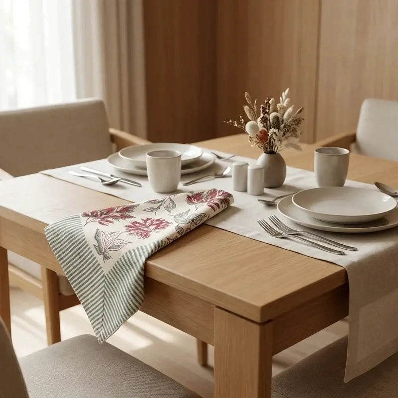 Burgundy & Slate Blue Autumn Leaf Table Linen Set – 13 Piece | Hand Block Printed Cotton | Runner, Placemats & Napkins by House Of Avana