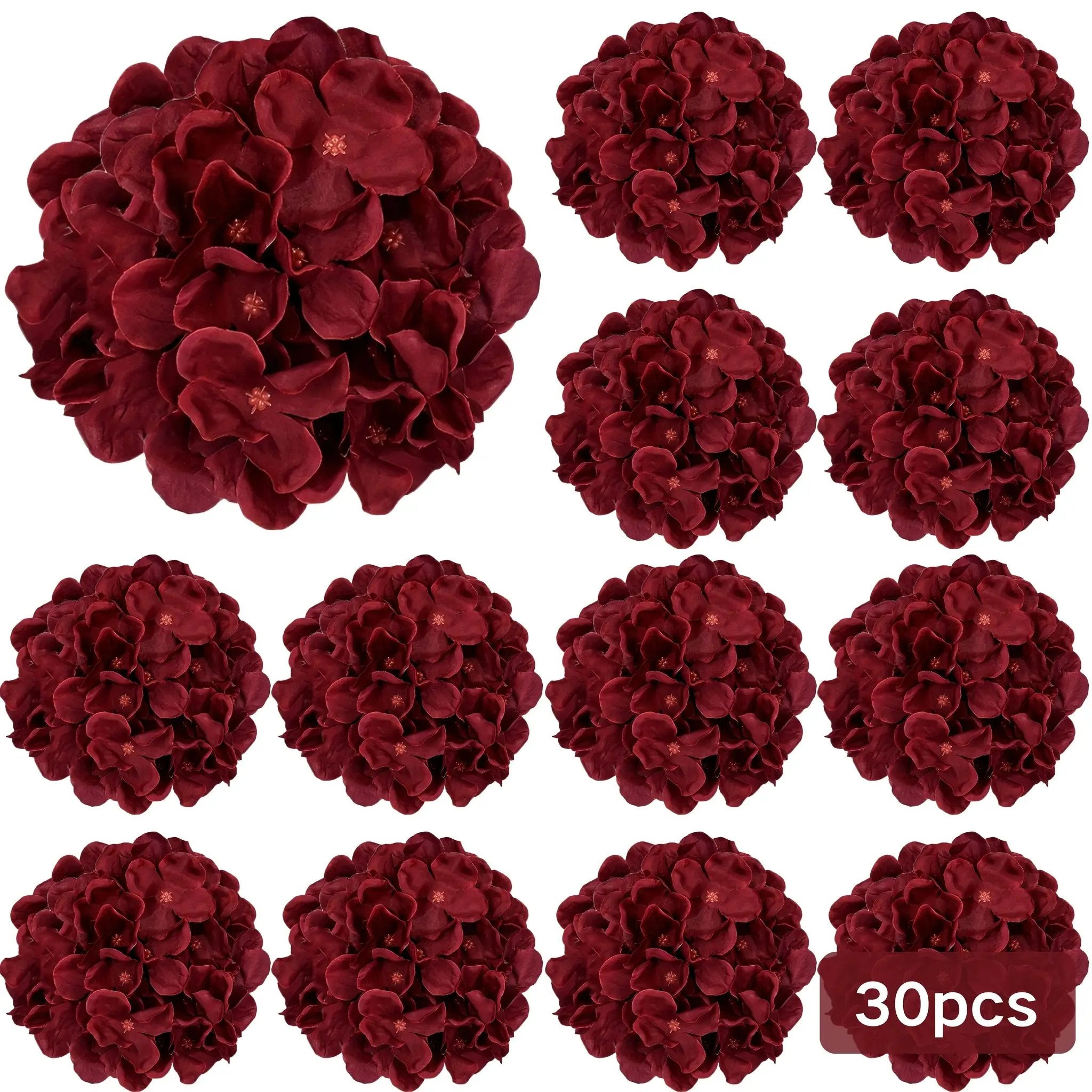 Burgundy Silk Hydrangea Heads with Wire Stems, 30 Pieces by House Of Avana