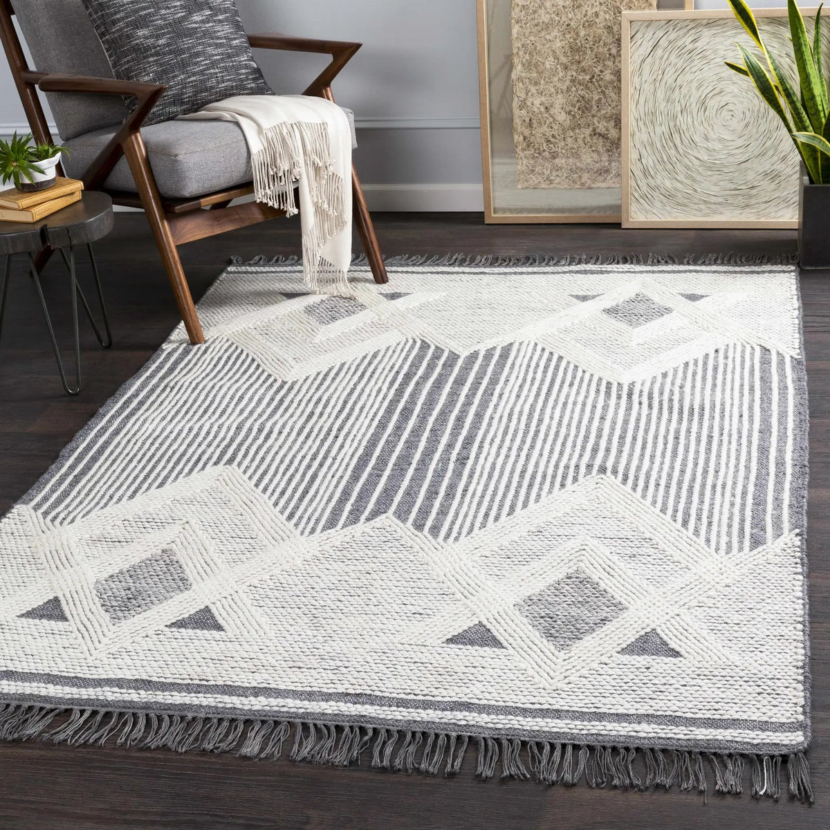 Aldbourne Gray Tassel Flatweave Wool Rug - Clearance, installed in a room