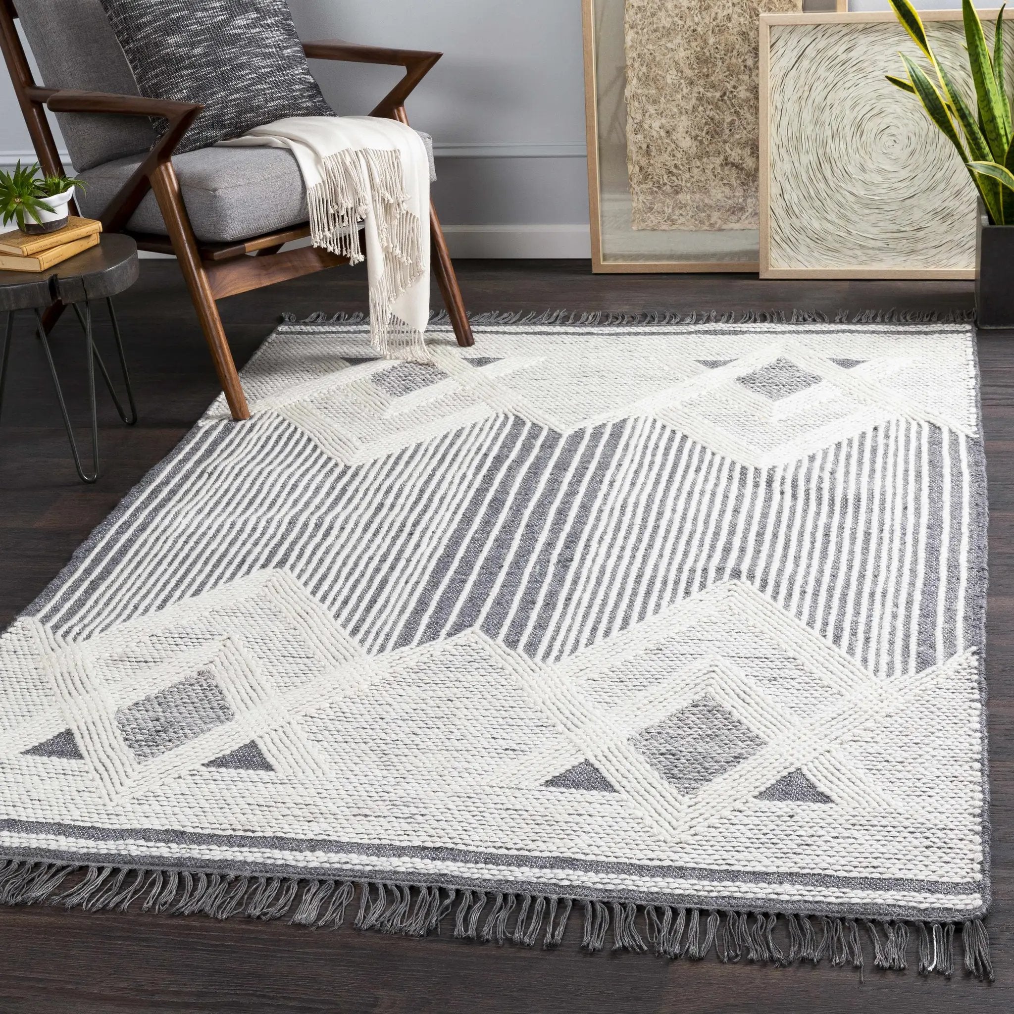 Aldbourne Gray Tassel Flatweave Wool Rug - Clearance by Boutique Rugs