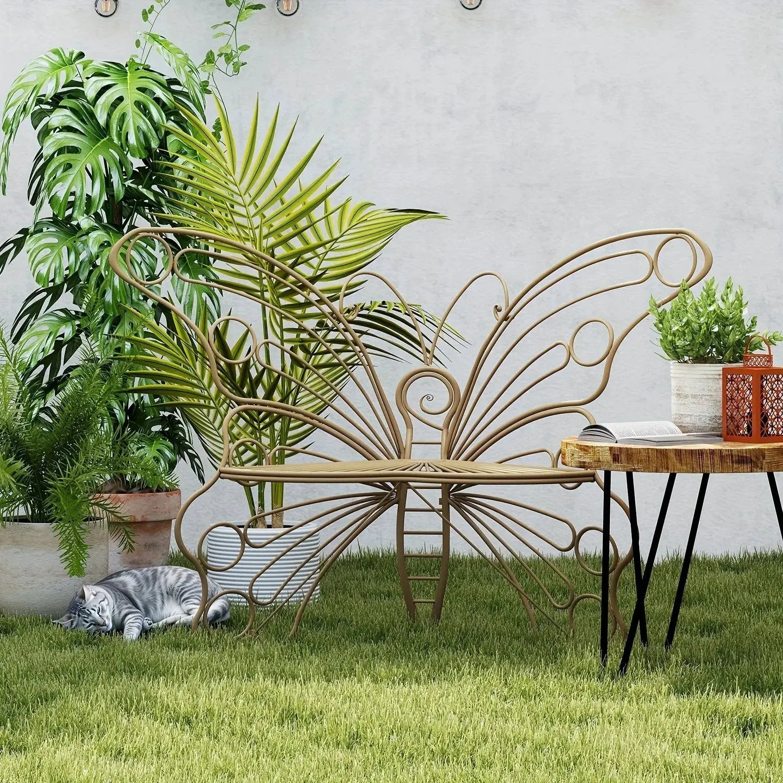 Butterfly Metal Garden Bench with Handcrafted Back Support by House Of Avana