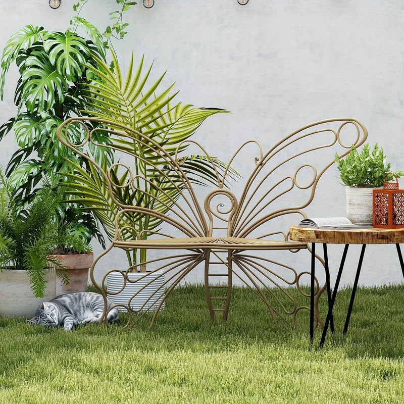 Butterfly Metal Garden Bench with Handcrafted Back Support by House Of Avana