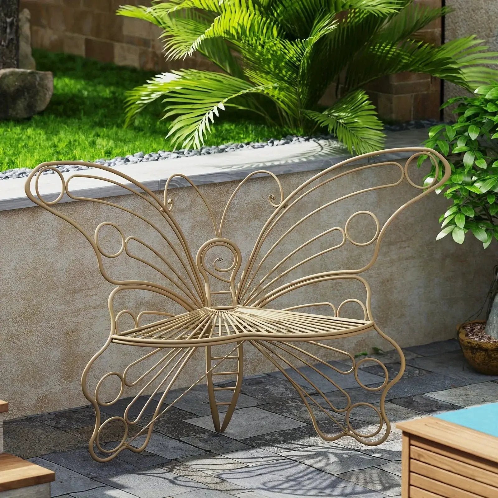 Butterfly Metal Garden Bench with Handcrafted Back Support by House Of Avana
