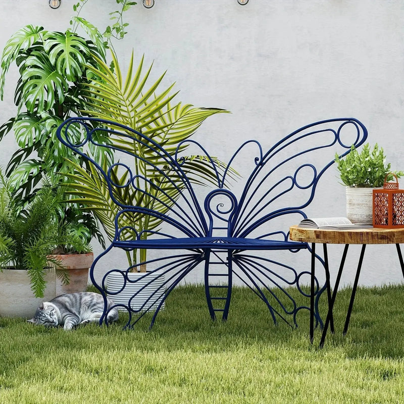 Butterfly Metal Garden Bench with Handcrafted Back Support by House Of Avana