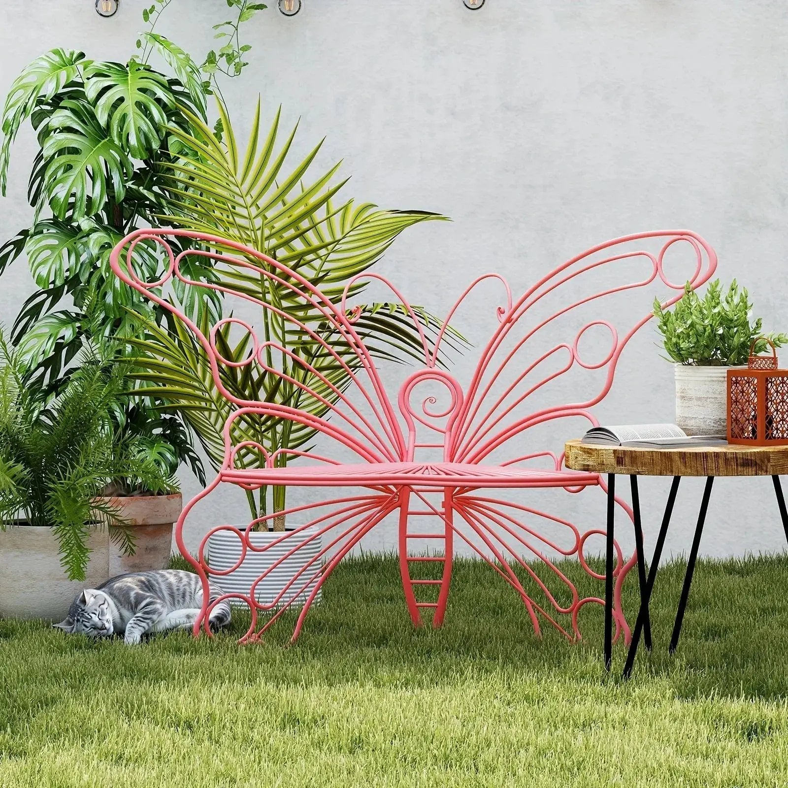 Butterfly Metal Garden Bench with Handcrafted Back Support by House Of Avana