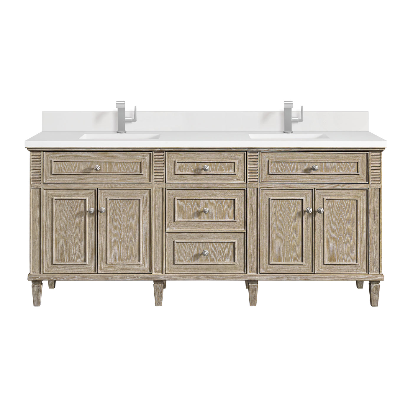 James Martin Lorelai 72" Double Bathroom Vanity, Whitewashed Oak with White Zeus (Single Hole, with Backsplash) countertop