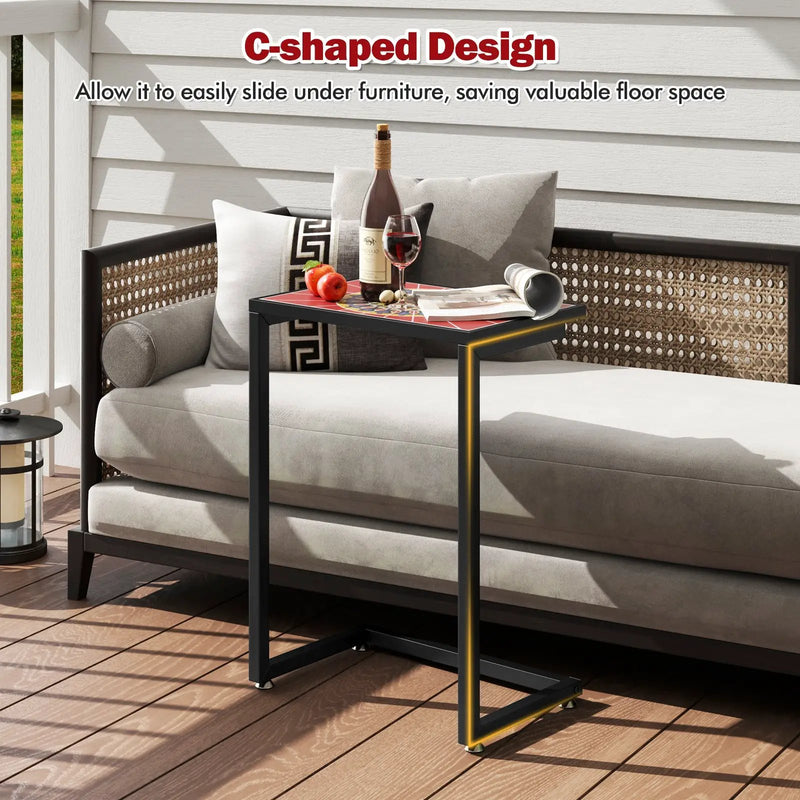C-shaped Waterproof Outdoor Side End Table with Ceramic Top by DirectDeals