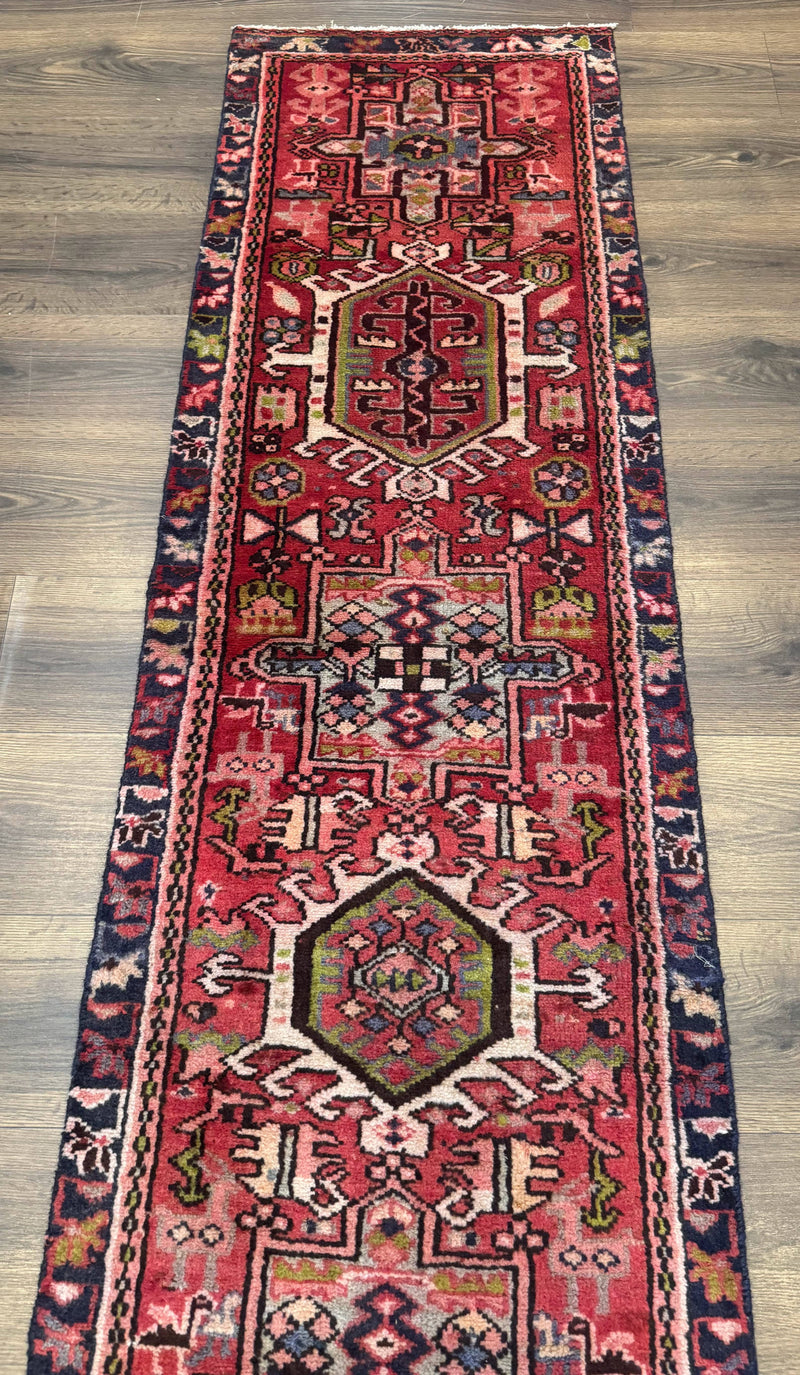 Persian Heriz Karajeh Runner Rug 2x9, Geometric Medallions, Red Navy Blue, 2 x 9 Rug for Hallway by Jewel Rugs