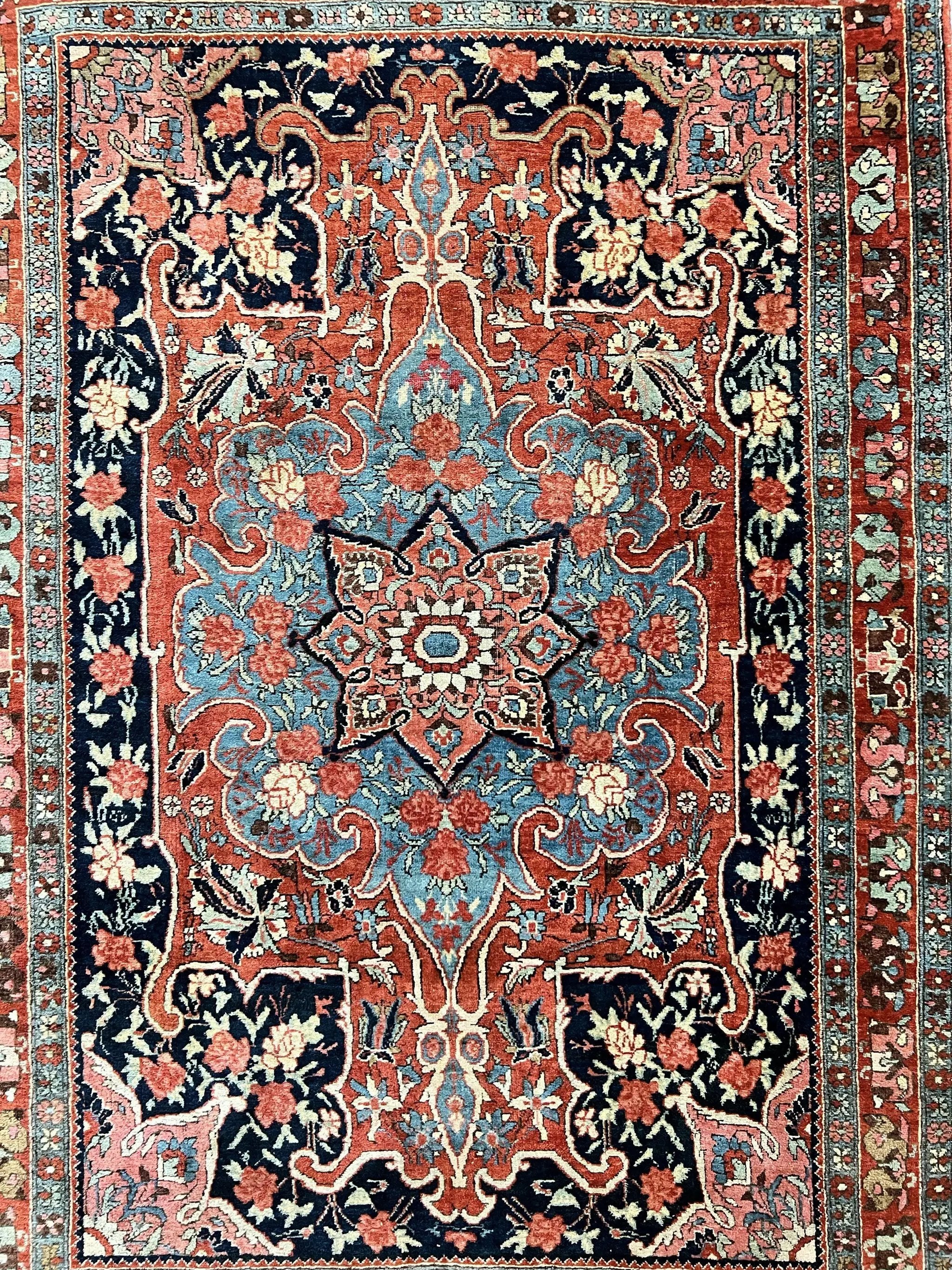 Antique Persian Bidjar Rug 4x5, Red and Blue, Hand Knotted Wool Carpet by Jewel Rugs