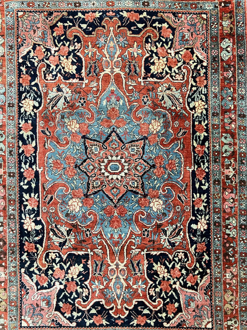 Antique Persian Bidjar Rug 4x5, Red and Blue, Hand Knotted Wool Carpet by Jewel Rugs