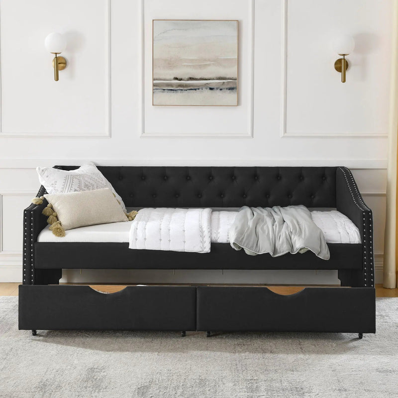 Upholstered Tufted Daybed With 2 Drawers, Waved Arms by Unique Piece Furniture