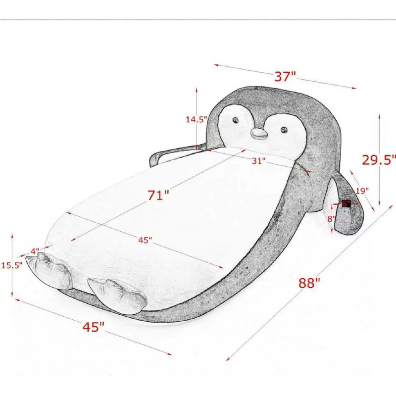 Twin Size Penguin Shaped Bed, Lounger Chair For Kids Bedroom - White / Black by HouseOfZazla