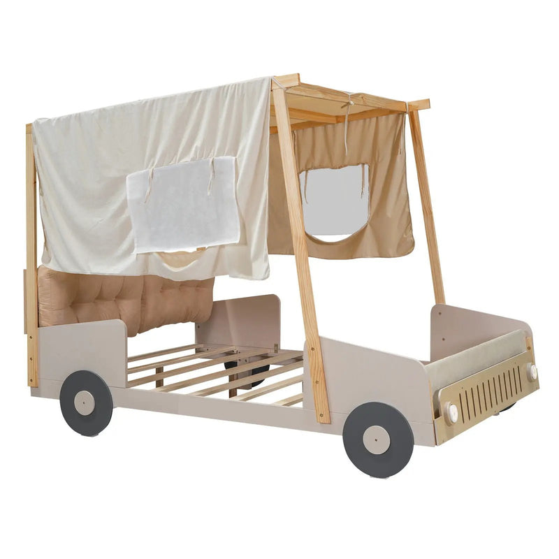 Twin Size Car Bed & Pillow, Ceiling Cloth And LED - Natural by Unique Piece Furniture