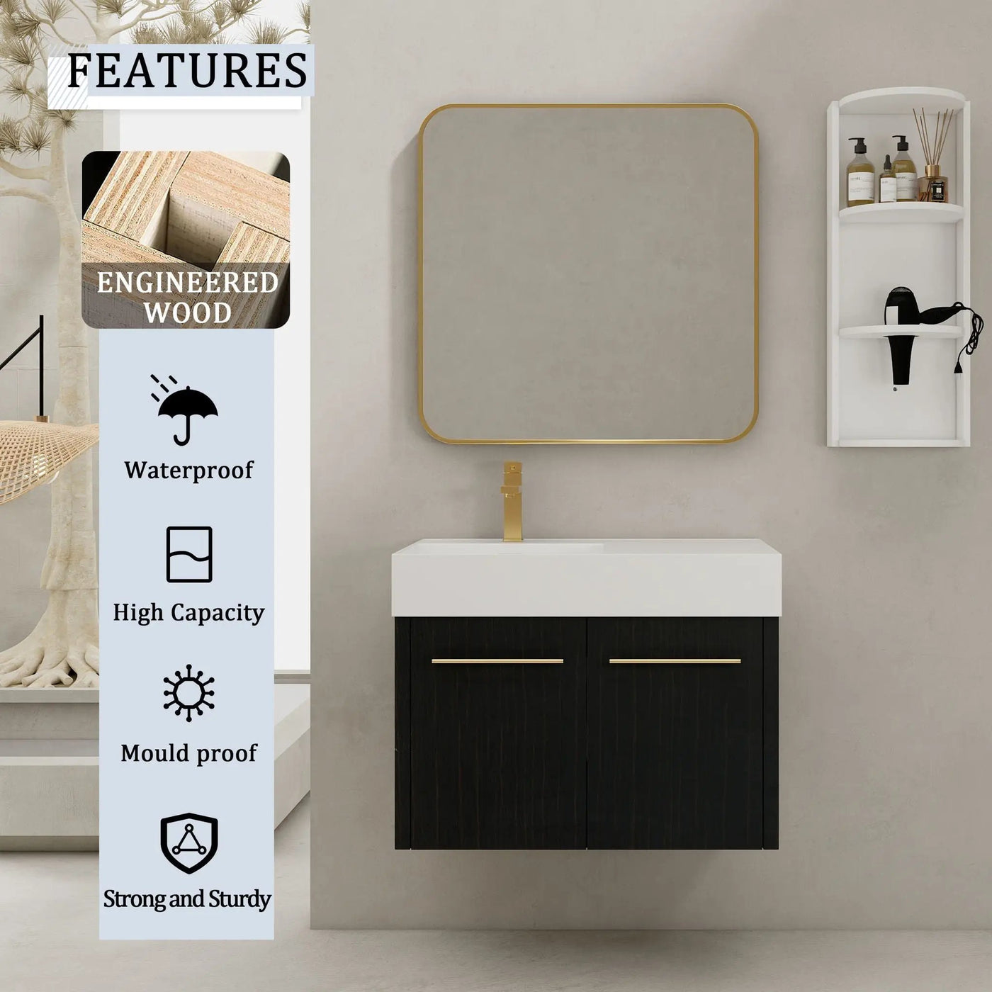 Modern Wall Mounted Bathroom Vanity With Resin Sink and Storage Rack by HouseOfZazla