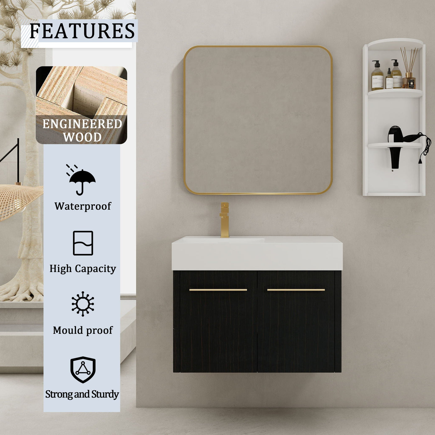 Modern Wall Mounted Bathroom Vanity With Resin Sink And Storage Rack by Unique Piece Furniture
