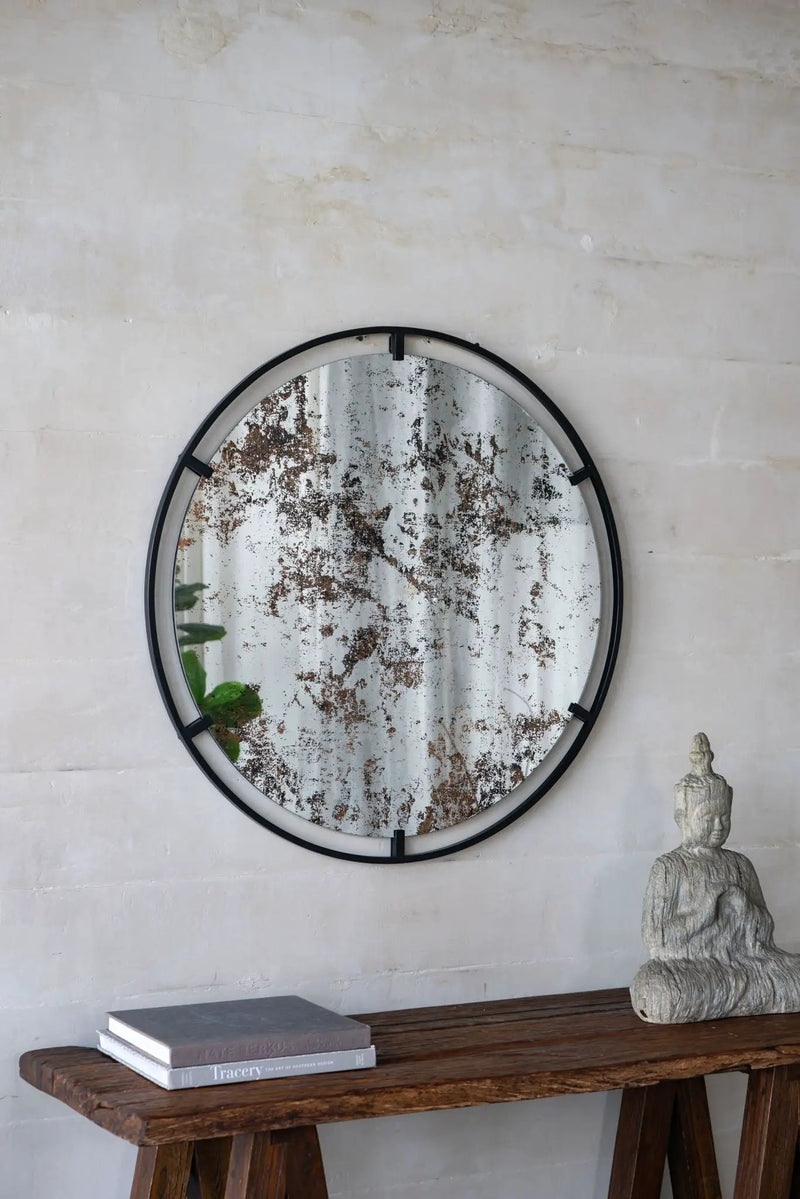 Theodor - Mirror With Industrial Design Round Mirror With Metal Frame For Wall Decor & Entryway Console Lean Against Wall - Black by Unique Piece Furniture