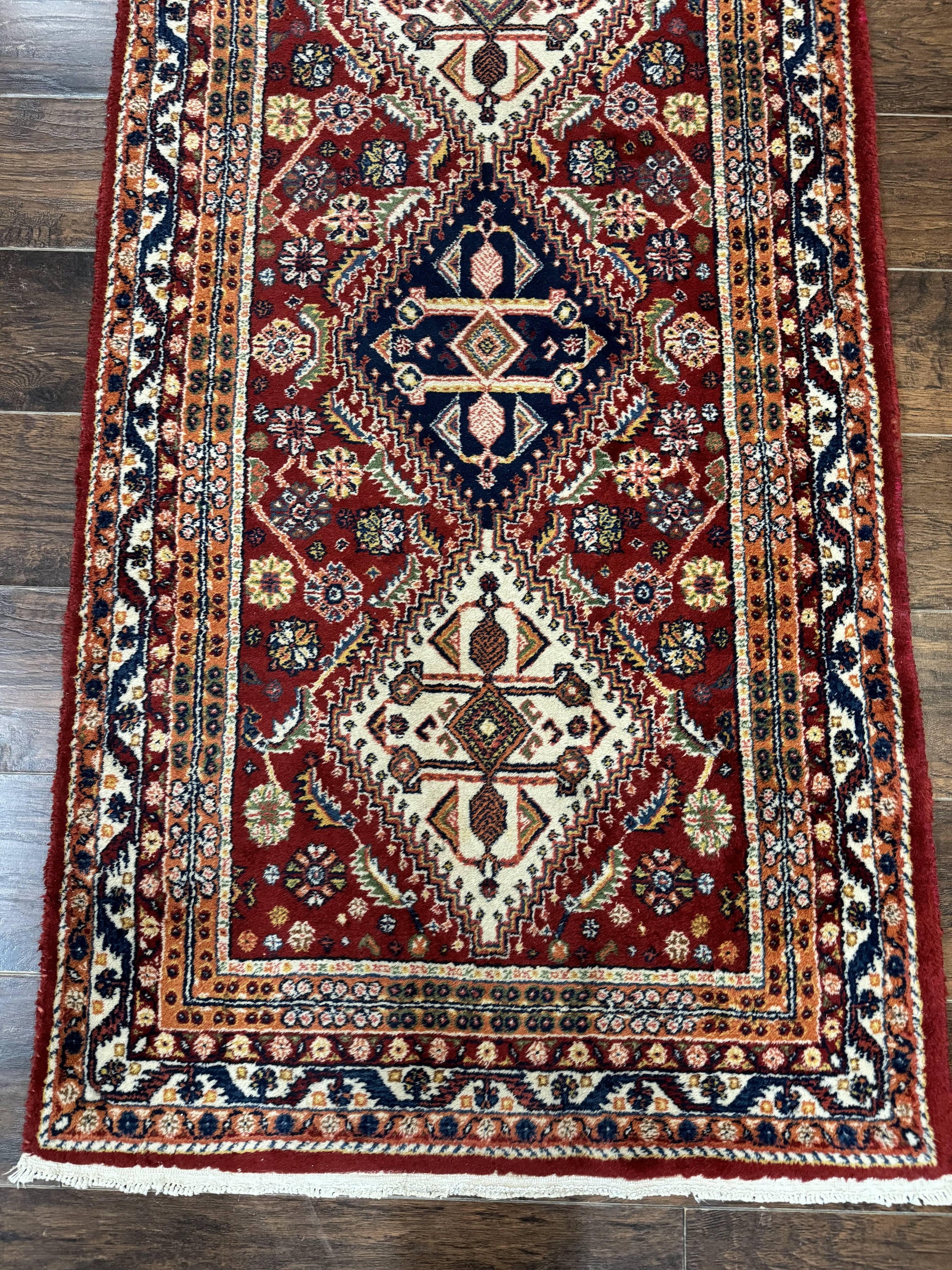 Antique Persian Qashqai Runner Rug 3 x 13 ft, Tribal Runner, Geometric Medallions, Red Ivory Blue, Wool by Jewel Rugs