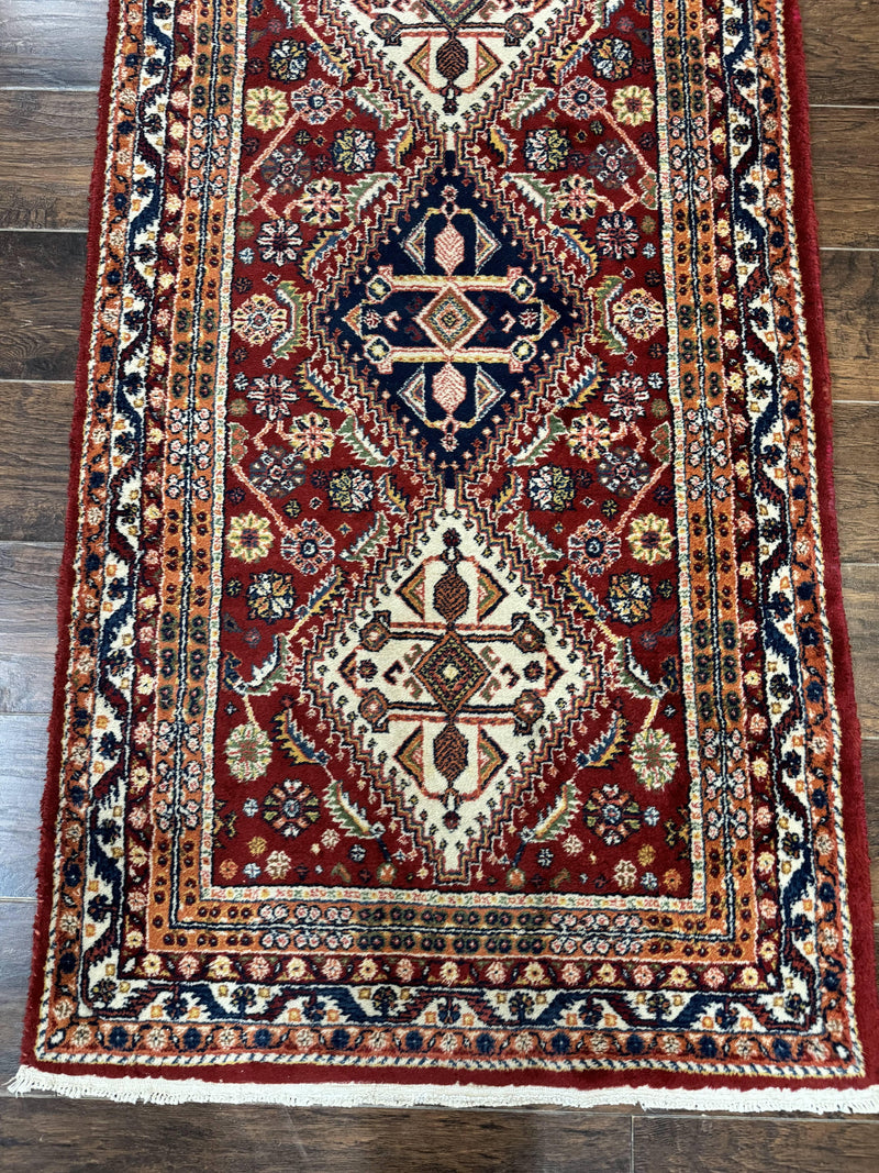 Antique Persian Qashqai Runner Rug 3 x 13 ft, Tribal Runner, Geometric Medallions, Red Ivory Blue, Wool by Jewel Rugs