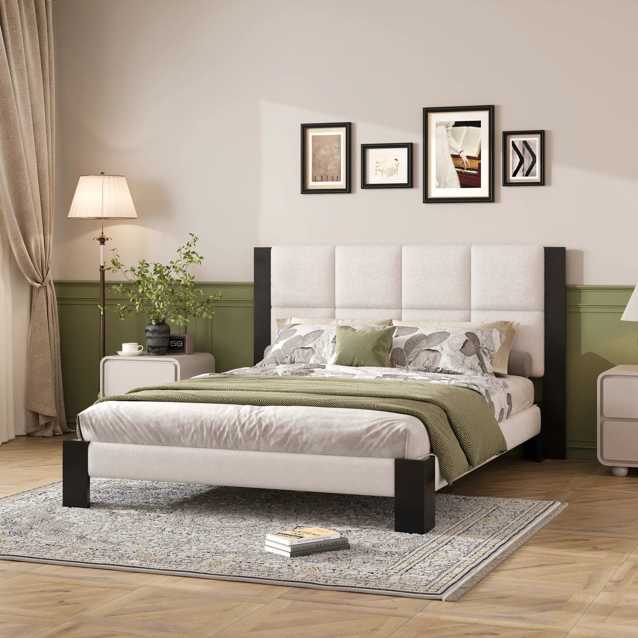 Boucle Queen Bed Frame With Square-Stitched Headboard by HouseOfZazla