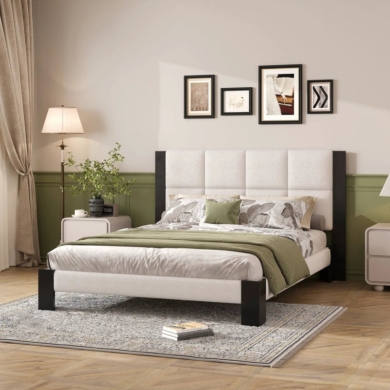 Boucle Queen Bed Frame With Square-Stitched Headboard by HouseOfZazla