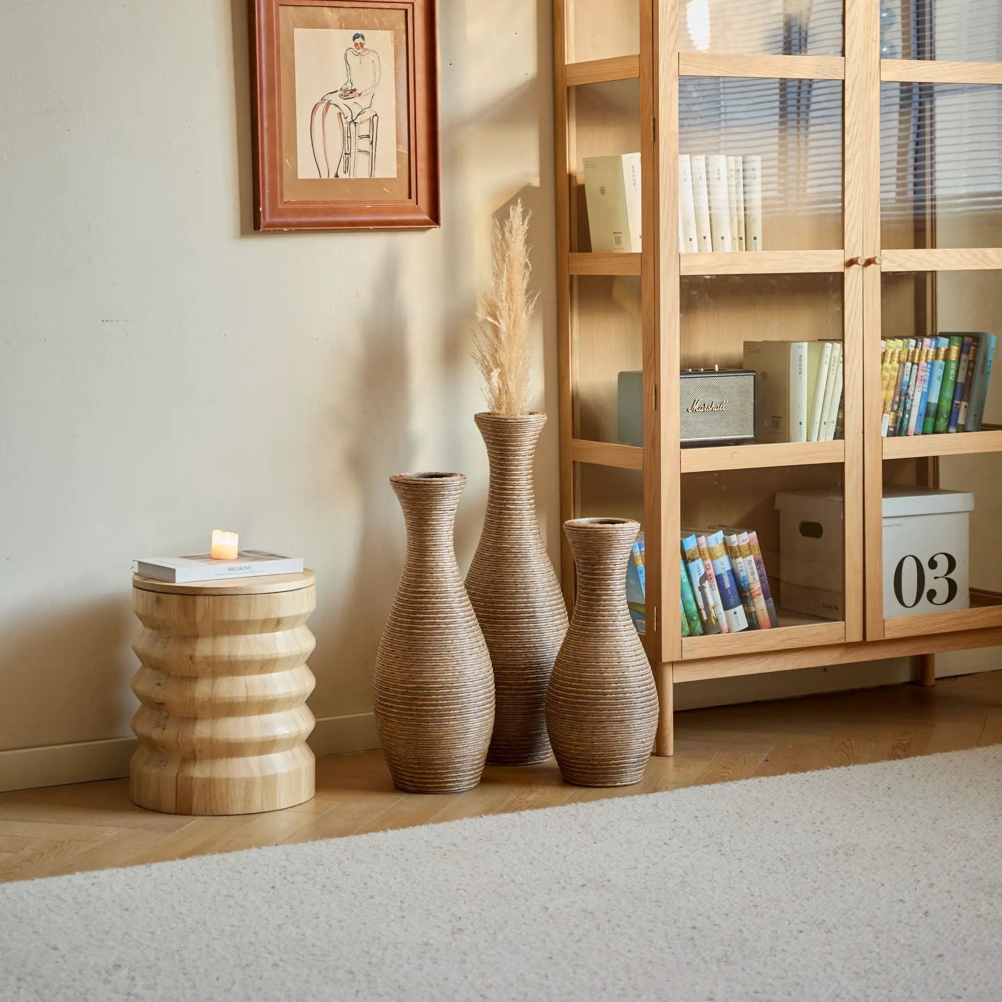 3 Piece Artificial Rattan Floor Vase Set Decorative Accent For Living Room, Hallway & Entryway, Ideal For Dried Or Silk Flower Arrangements - Beige by HouseOfZazla