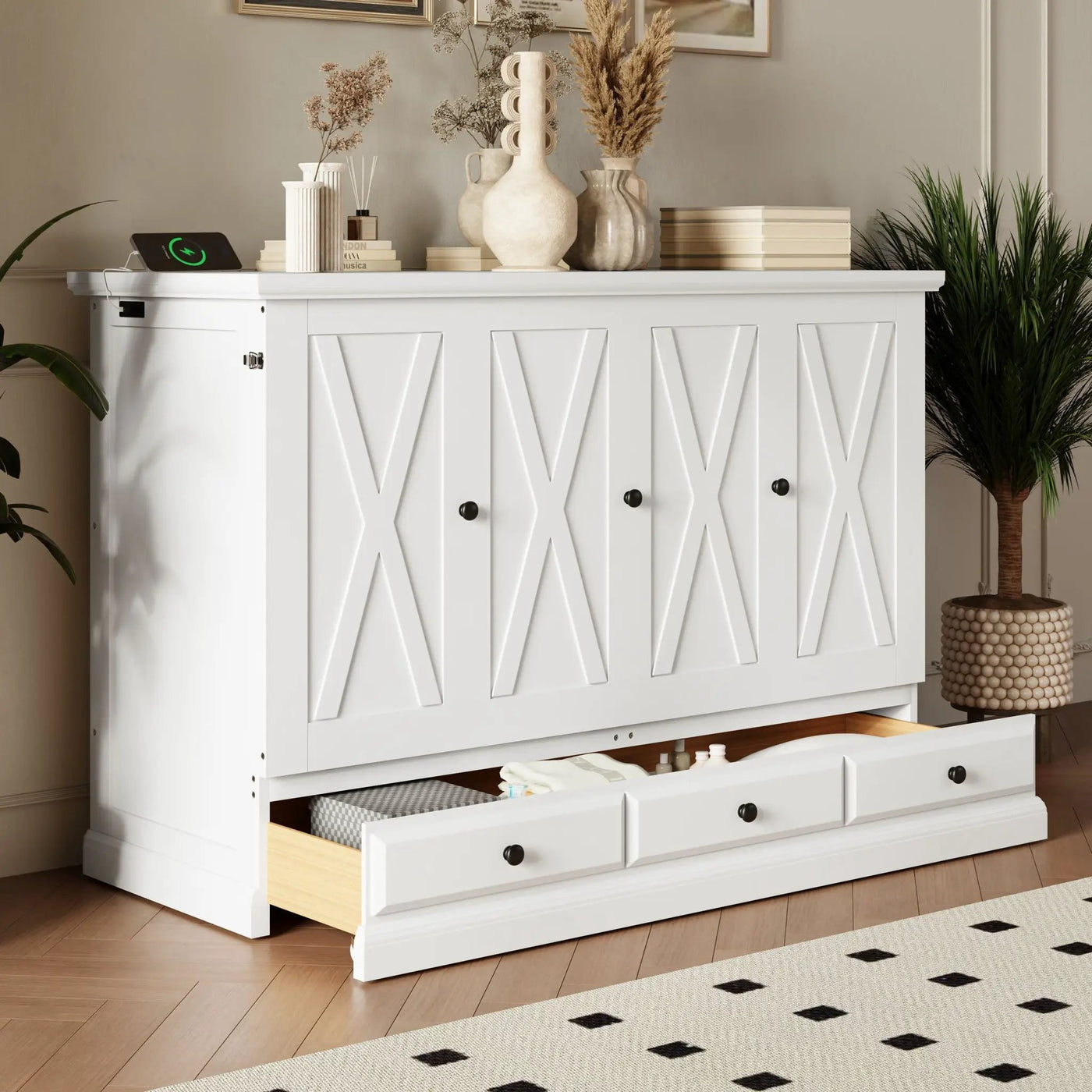Solid Pine Murphy Bed Chest Cube Cabinet Bed With Charging Station And Large Storage Drawer For Home Office Or Small Room by Unique Piece Furniture