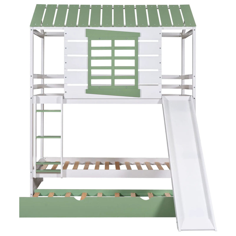 Twin Over Twin House Bunk Bed With Convertible Slide And Trundle - White by HouseOfZazla