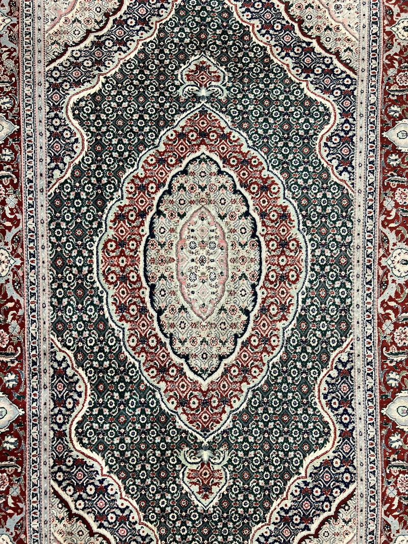 Sino Persian Rug 4x6, Wool with Silk Highlights, Fine Hand Knotted Carpet, Green & Maroon Red, Herati Medallion, Vintage Rug by Jewel Rugs