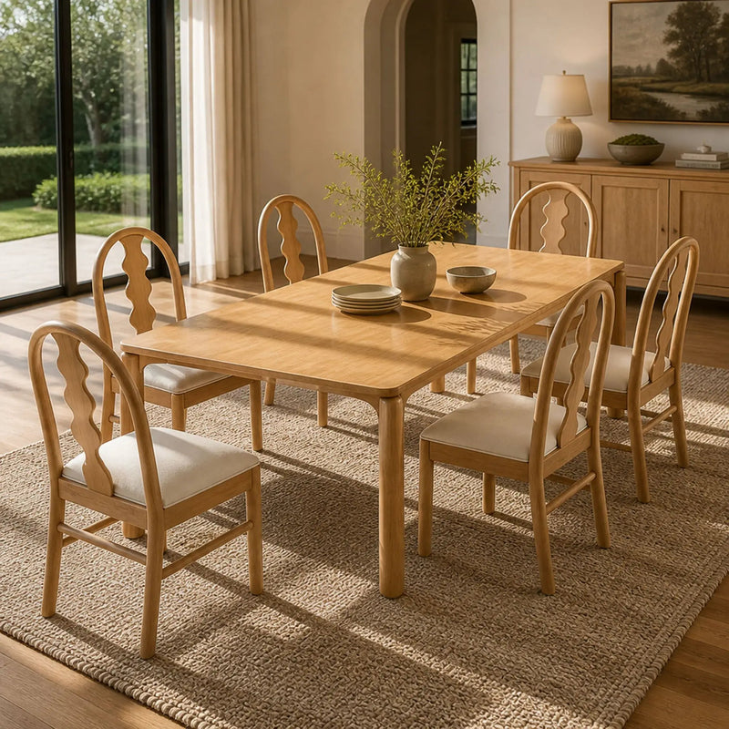 7-Piece Dining Table Set, 70" Solid Rubber Wood Dining Table with 6 Wave Back Dining Chairs by HouseOfZazla