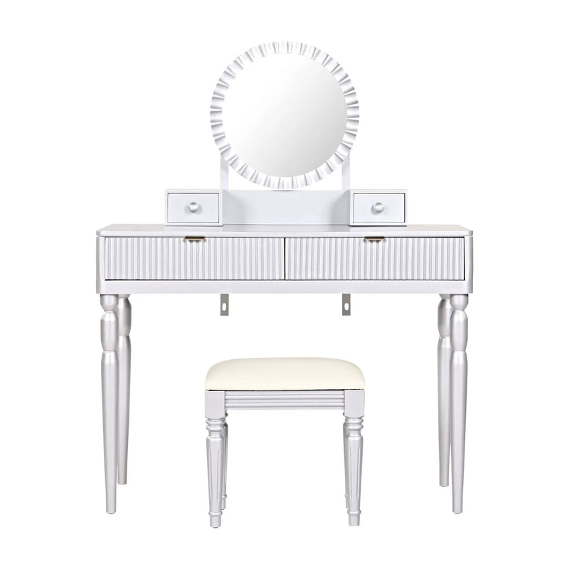 Luxury Vanity Desk With Round Mirror Height Adjustable Dressing Table Set Engineered Wood - Silver by Unique Piece Furniture