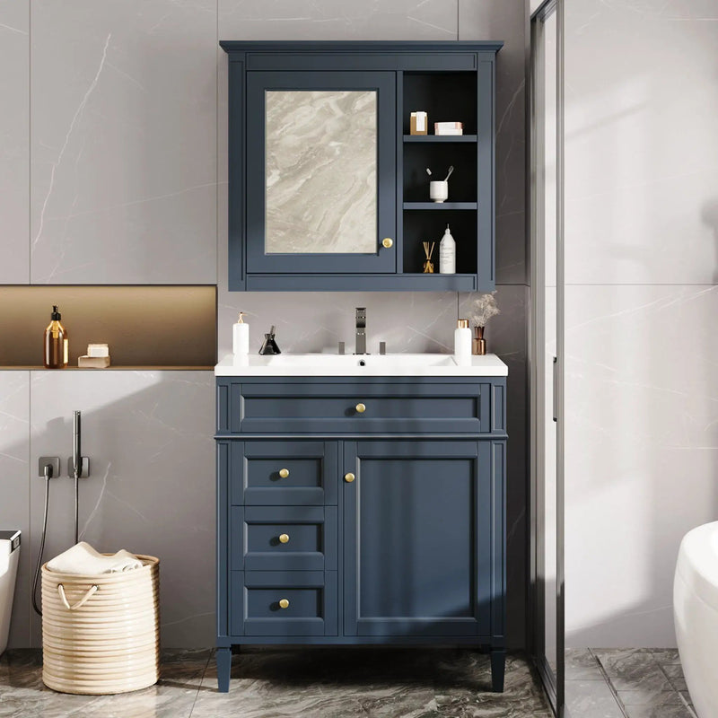 Bathroom Vanity With Medicine Cabinet, Royal Mirror Cabinet, Modern Bathroom Storage Cabinet With 2 Soft Closing Doors And 4 Drawers by HouseOfZazla